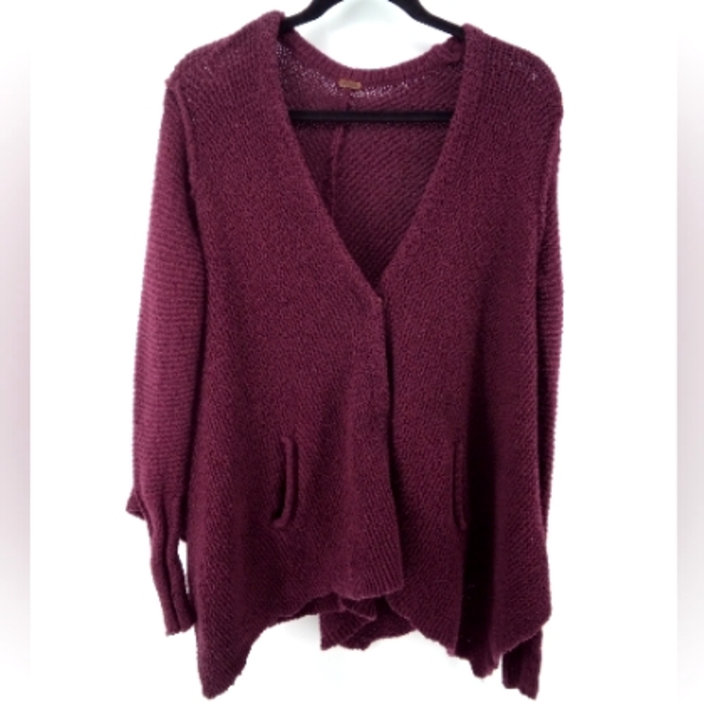Free People Chunky Knit Burgundy Knit Snap Cardigan L Beach Bonfire Warm Winter